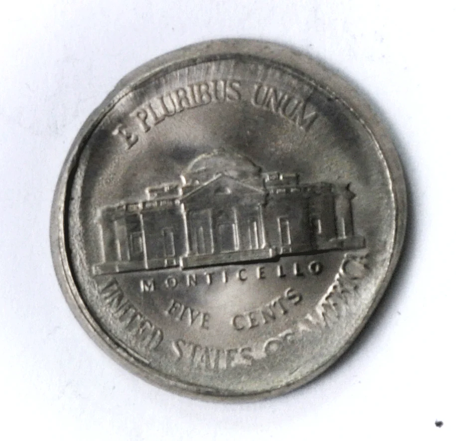 2012-P Jefferson nickel broad strike error showing expanded diameter and design spread
