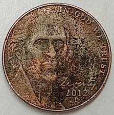 2012-D Jefferson nickel improperly annealed planchet error with unusual copper-rainbow coloration