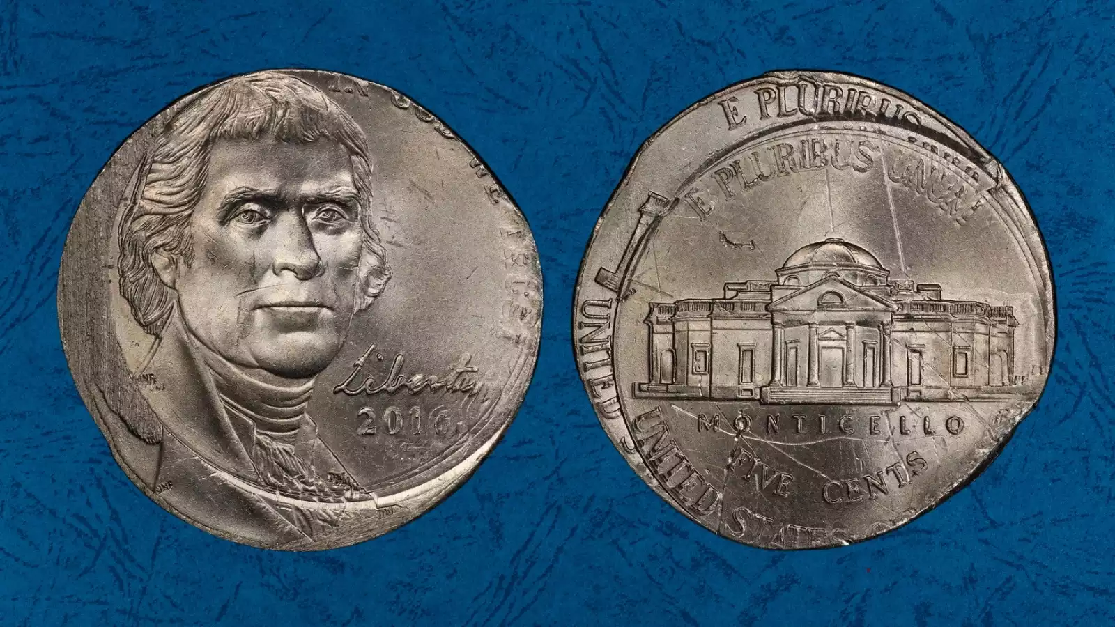 2012-D Jefferson nickel off-center strike error with blank crescent visible on one side