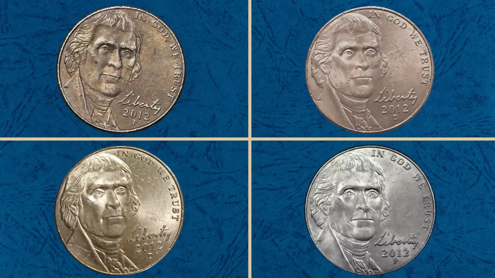 Group of 2012 Jefferson nickels from Philadelphia, Denver, and San Francisco mints
